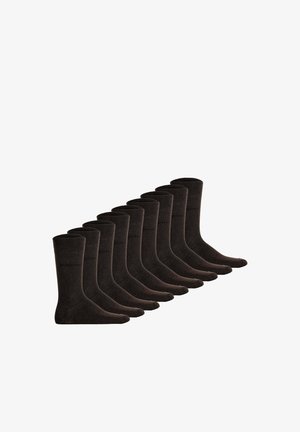 Zehn Paar schwarze, wadenlange Socken, in zwei Reihen angeordnet, alle nach rechts gerichtet auf weißem Hintergrund.