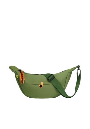 Sac bandoulière en tissu vert avec sangle ajustable, poche avant zippée avec tirettes noires et orange, et petite poche à rabat boutonnee.