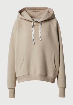 Felpa con cappuccio beige, dotata di tasca a marsupio frontale, polsini e orlo a coste, coulisse bianca regolabile con il nome del marchio stampato.