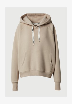 Bež pulover s kapuco, s sprednjim kengurujskim žepom, rebrastimi manšetami in robom, nastavljivimi belimi vrvicami s tiskanim imenom blagovne znamke.