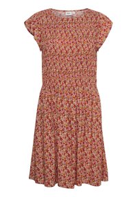 Kukallinen mekko, jossa on lyhyet hihat, kerätty vyötärö ja kevyt, teksturoitu kangas lämpimissä vaaleanpunaisen, oranjiin ja ruskean sävyissä.