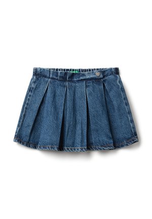 Blauer Jeans-Faltenrock für Mädchen mit elastischem Bund und kleinem herzförmigen Metalldetail am Bund.