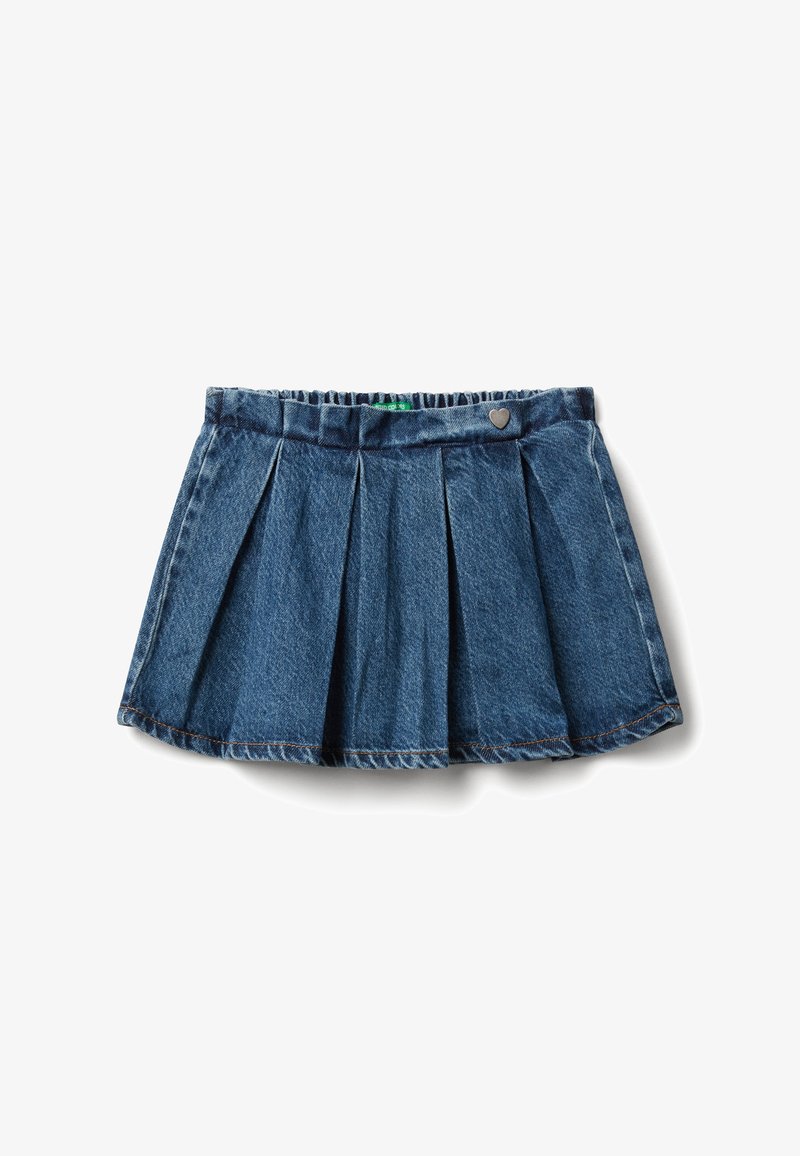 Dívčí modrá denimová plisovaná sukně s elastickým pasem a malým srdíčkovým kovovým detailem na pase.