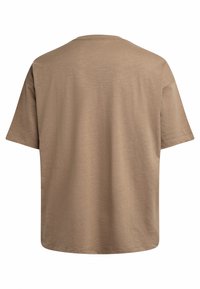 Brown, short-sleeve t-shirt with a round neckline and a relaxed fit. Smooth texture with no visible patterns or accents.