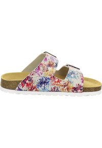 Multicolored slide sandal with adjustable straps, cork outsole, and a soft footbed. Features a textured floral pattern on the upper.