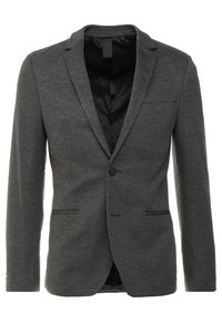 Blazer da uomo grigio scuro con un solo bottone, rever a punta, due tasche frontali e foderato in raso nero.