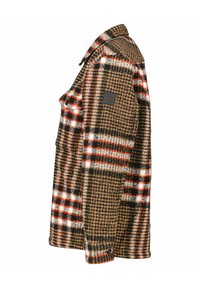 Brown plaid shirt jacket with red, black, and white accents. Features a collared neckline, a logo patch, and a textured fabric.