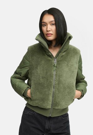Groene bomberjack met een pluizige, textuur fleece voorkant en gladde stoffen mouwen. Ritssluiting en geribbelde zoom. Hoge kraag.