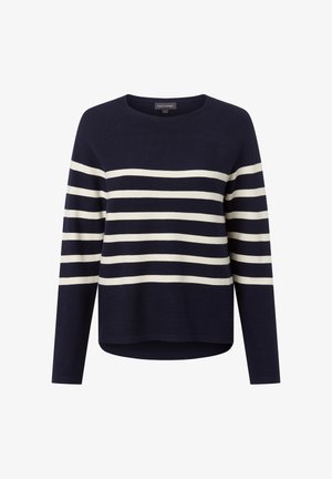 Pull bleu marine avec des rayures horizontales crème, col côtelé, manches longues, présentant un ourlet légèrement arrondi et une texture douce.