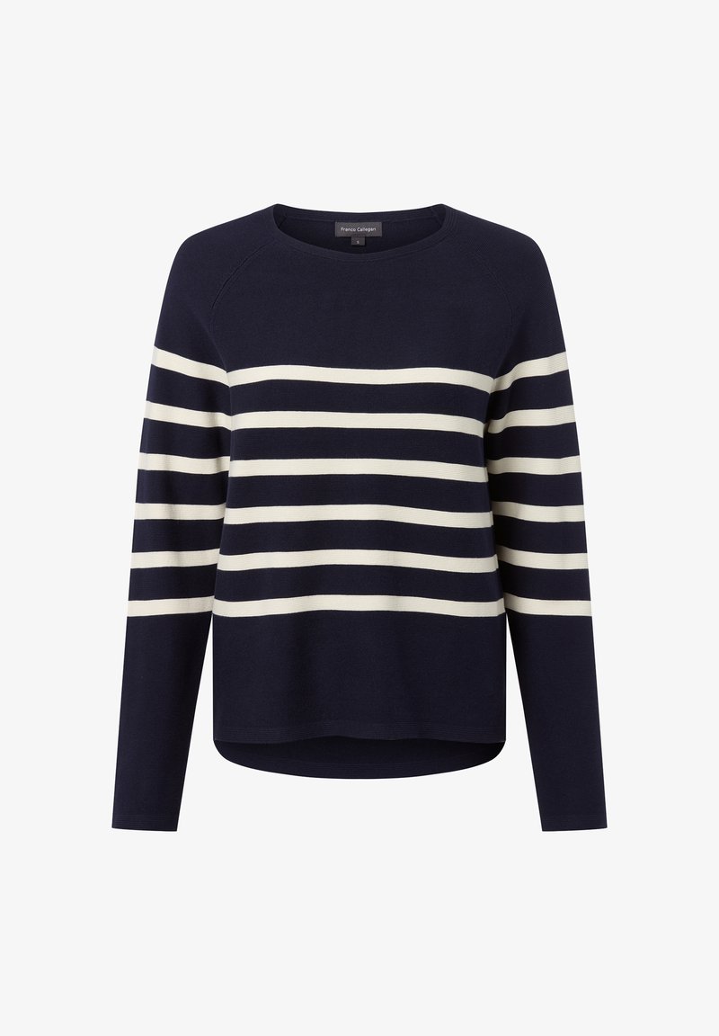 Granatowy sweter z kremowymi poziomymi paskami, z prążkowanym dekoltem, długimi rękawami, lekko zaokrąglonym dołem i miękką teksturą.