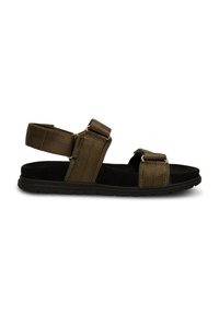 Brown fabric sandals with two adjustable straps, a cushioned black sole, and textured detailing on straps for added grip and support.