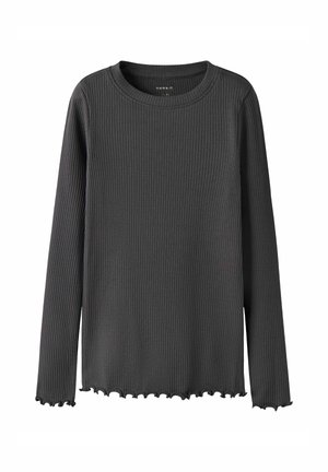 Donkergrijze geribbelde langekorte T-shirt met ronde hals en gerimpelde randen aan de mouwen en onderkant.