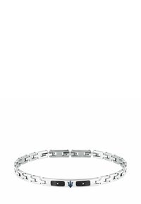 Bracciale in acciaio inossidabile argento con maglie rettangolari, due dettagli neri e un emblema blu sulla maglia centrale.