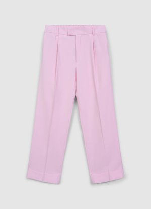 Hoch taillierte, hellrosa Hose mit Falten, geradem Schnitt und umgeschlagenen Säumen, gefertigt aus einem glatten Stoff. Keine sichtbaren Verschlüsse.