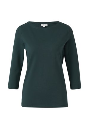 Ciemnozielona bluzka z długim rękawem i okrągłym dekoltem. Wykonana z gładkiego materiału, ma luźny krój i prosty, elegancki design.