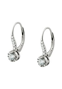 Ein Paar Silber-Ohrhänger mit einem großen zentralen runden Diamanten und fünf kleineren Diamanten entlang des gebogenen Verschlusses.