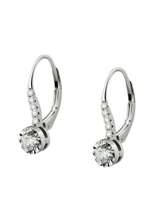 Ein Paar Silber-Ohrhänger mit einem großen zentralen runden Diamanten und fünf kleineren Diamanten entlang des gebogenen Verschlusses.