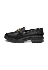Black leather loafer with rounded toe, chunky sole, and gold hardware accent on the front. Textured upper and flat heel design.