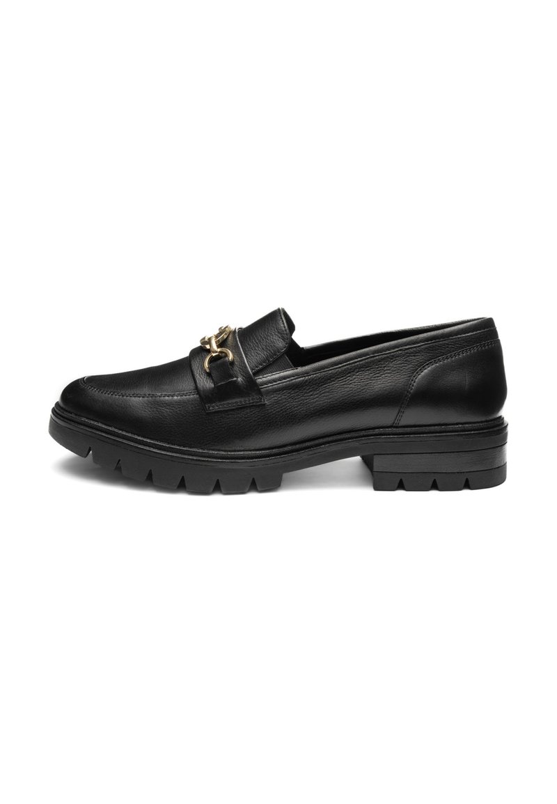 Black leather loafer with rounded toe, chunky sole, and gold hardware accent on the front. Textured upper and flat heel design.