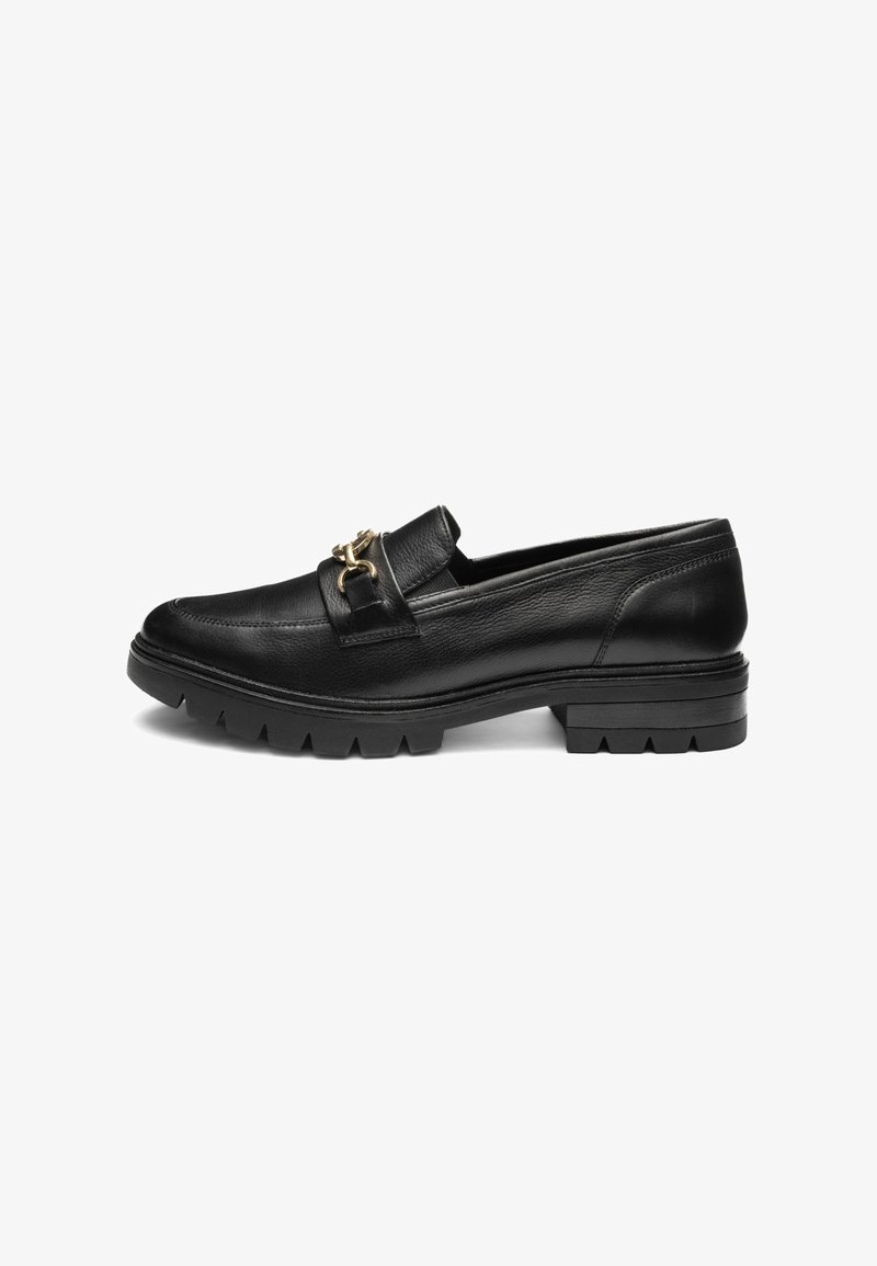 Black leather loafer with rounded toe, chunky sole, and gold hardware accent on the front. Textured upper and flat heel design.