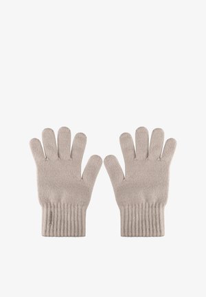 Gestrickte Handschuhe in einem hellbeigen Farbton mit gerippten Bündchen und Fünf-Finger-Design, aus weichem, strukturiertem Stoff.