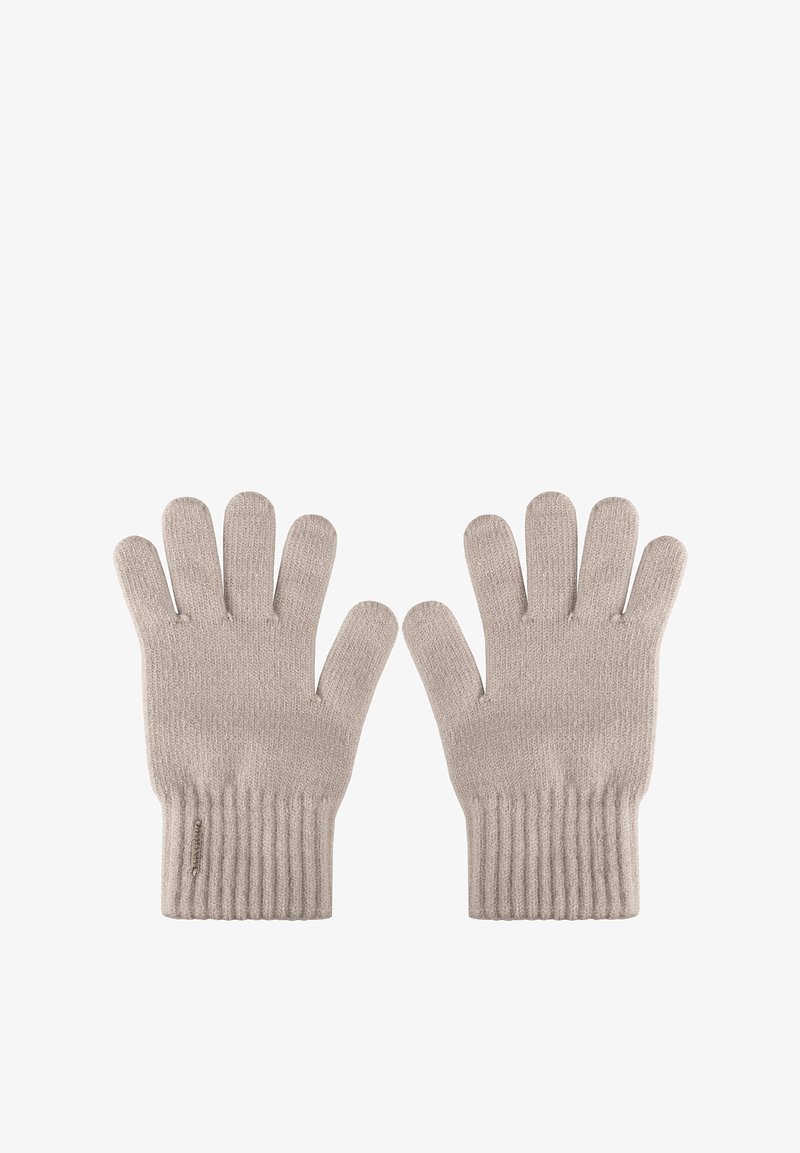 Guantes de punto en un color beige claro con puños de canalé y diseño de cinco dedos, hechos de una tela suave y texturizada.