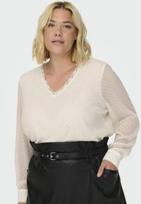 Creme V-hals bluse med gennemsigtige ærmer med polka-prikker, der har en delikat blondekant. Sammen med en højtaljet sort lædernederdel.
