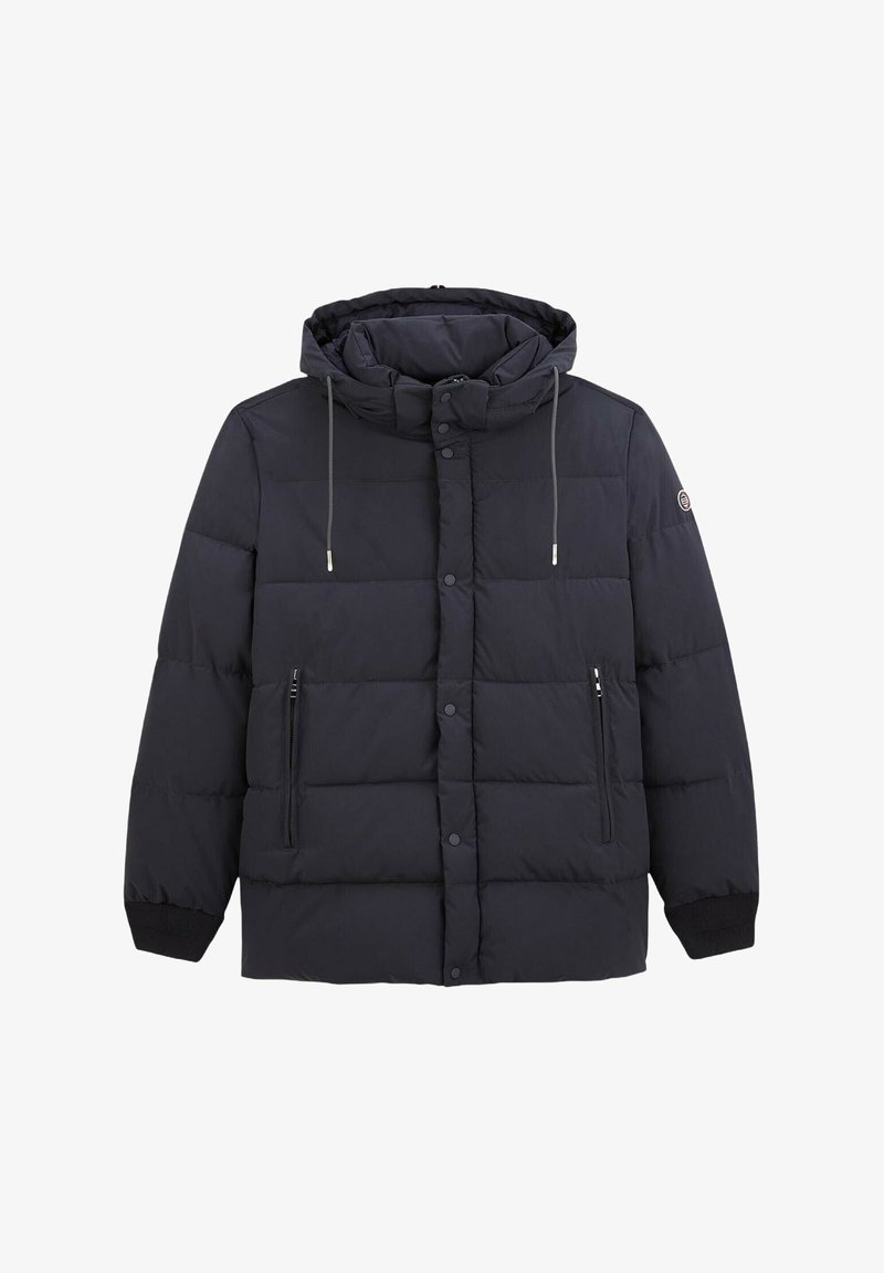 Veste matelassée noire avec capuche, boutons-pression à l'avant, poches latérales zippées, cordons et poignets côtelés.