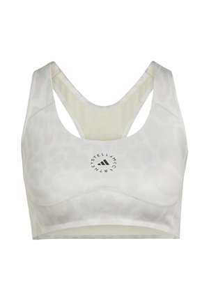 Witte sportbeha met subtiele luipaardprint en een zwart rond logo in het midden voor, met een racerback ontwerp.