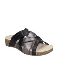 Czarno-szare klapki z skórzanymi paskami, korkową podeszwą na koturnie i wygodną wyściełaną wkładką. Krzyżowy wzór zdobi górną część.