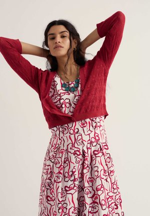 Pikkade tumedate juustega naine kannab valget kleiti punaste lillemustritega, punast kootud kardigani ning türkiissinist silmatorkavat kaelakeed, poseerides käsi üles tõstetuna.