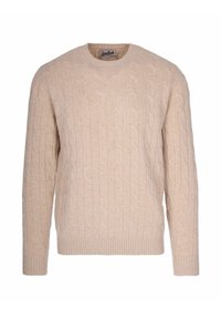 Maglione beige a maglia con collo rotondo, bordi a coste e orlo. Realizzato in materiale morbido, presenta un motivo testurizzato su tutta la superficie.