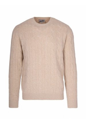 Maglione beige a maglia con collo rotondo, bordi a coste e orlo. Realizzato in materiale morbido, presenta un motivo testurizzato su tutta la superficie.