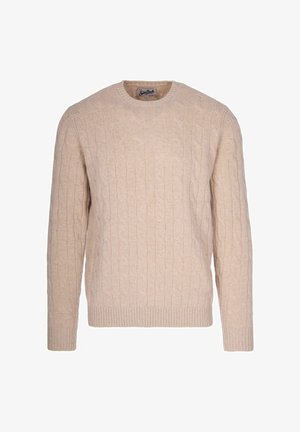 Maglione beige a maglia con collo rotondo, bordi a coste e orlo. Realizzato in materiale morbido, presenta un motivo testurizzato su tutta la superficie.