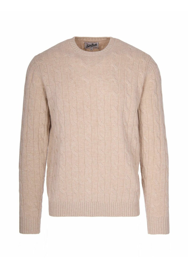 Maglione beige a maglia con collo rotondo, bordi a coste e orlo. Realizzato in materiale morbido, presenta un motivo testurizzato su tutta la superficie.