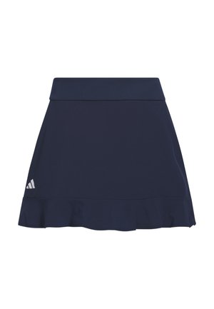 Falda deportiva azul marino con una cintura ancha, dobladillo ligeramente ondulado y el logo blanco de Adidas en la parte inferior izquierda.