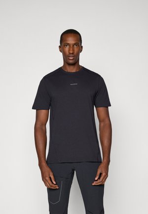 Black short-sleeve athletic t-shirt made from lightweight material. Features a crew neckline and subtle branding on the chest.