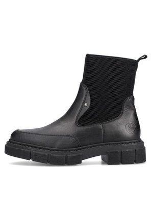 Schwarze Knöchelboots aus glattem Leder und Netzmaterial, mit runder Schuhspitze, strukturiertem Sohlen und einem Zuglasche an der Rückseite für einfaches An- und Ausziehen.
