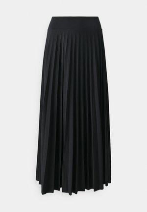 Jupe maxi plissée noire avec une large ceinture élastique. Fabriquée en tissu doux et fluide, elle présente des plis verticaux pour une texture supplémentaire.