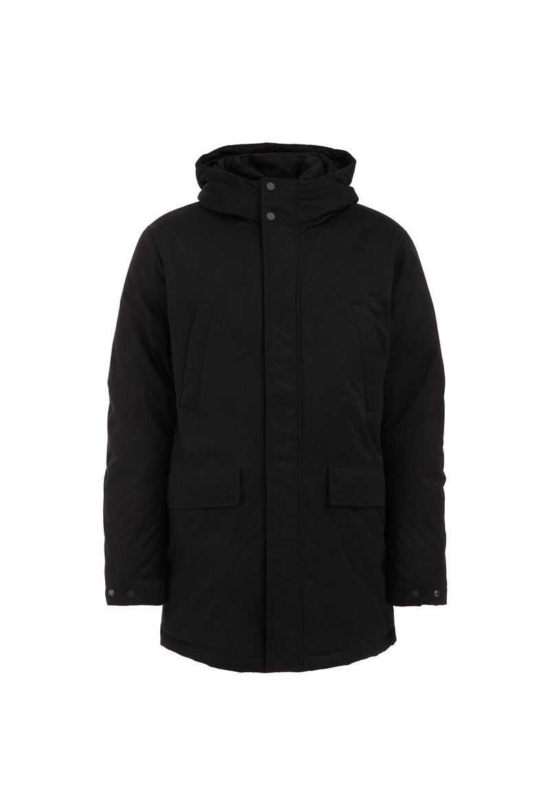 Schwarze isolierte Parkajacke mit Kapuze, Druckknopfverschluss, zwei vorderen Taschen und geradem Saum aus glattem, mattem Stoff.