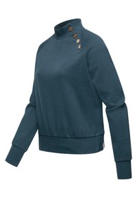 Felpa teal con collo alto, caratterizzata da tre bottoni in legno sulla spalla sinistra e polsini e orlo a coste per uno stile aderente.