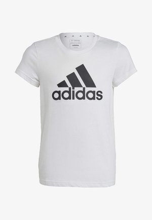 Weißes Baumwoll-T-Shirt mit Rundhalsausschnitt und kurzen Ärmeln. Das Shirt hat ein großes schwarzes "adidas"-Logo auf der Vorderseite, mit drei Streifen darüber.