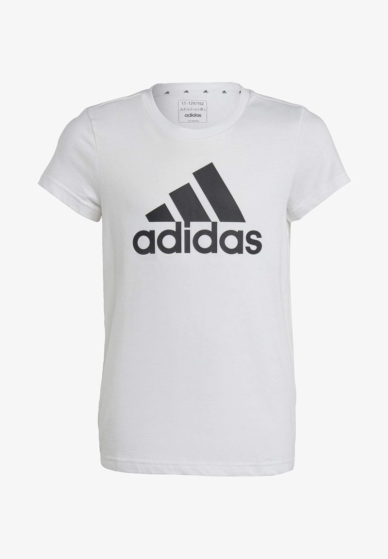 White cotton t-shirt with a round neck and short sleeves. Features a large black "adidas" logo across the front, with three stripes above.