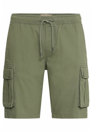 Olive green cargo shorts made of lightweight fabric, featuring an elastic waistband with drawstring, and two side flap pockets.