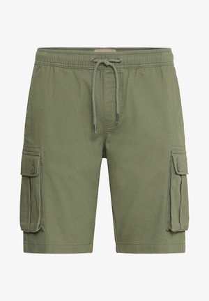 Olive green cargo shorts made of lightweight fabric, featuring an elastic waistband with drawstring, and two side flap pockets.