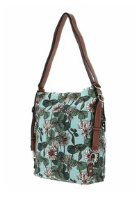 Sac à bandoulière floral vert menthe avec accents marron. Comprend un mélange de grandes feuilles blanches et vertes, une bandoulière réglable et une fermeture éclair.