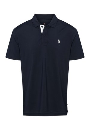 Tamsiai mėlynas polo marškinėlis iš medvilnės mišinio, turintis klasikinį apykaklę, dvių mygtukų užsegimą ir mažą baltą logotipą krūtinės srityje.