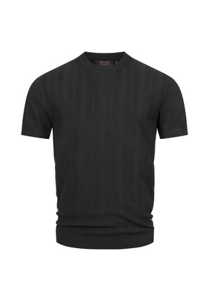 Czarny sweter dzianinowy z krótkim rękawem, z ribbowanym dekoltem i fakturowanym wzorem. Lekki materiał z dopasowanym dołem.