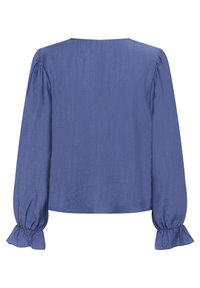 Purple long-sleeve blouse with a relaxed fit, round neckline, and gathered puff sleeves with ruffled cuffs. Smooth, lightweight fabric.