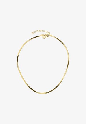 Collier doré avec un design de chaîne lisse et plate et une texture subtile. Équipé d'un fermoir à ressort et d'une chaîne ajustable pour la longueur.